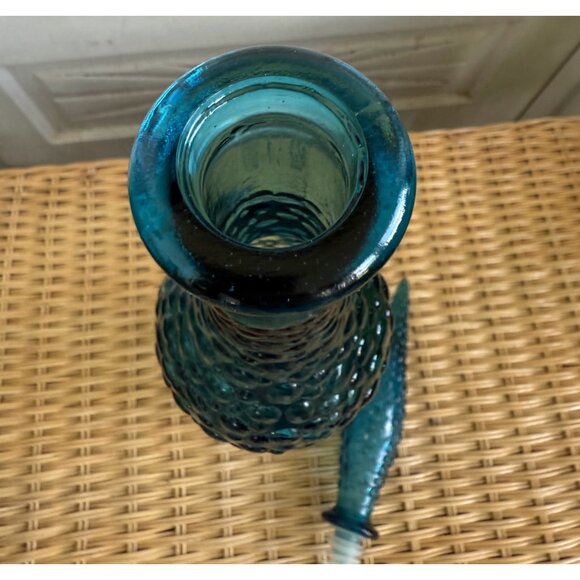 Vintage MCM Empoli Italy Glass Bottle Decanter Turquoise Blue Hobnail Bubble 22" - Picture 8 of 16